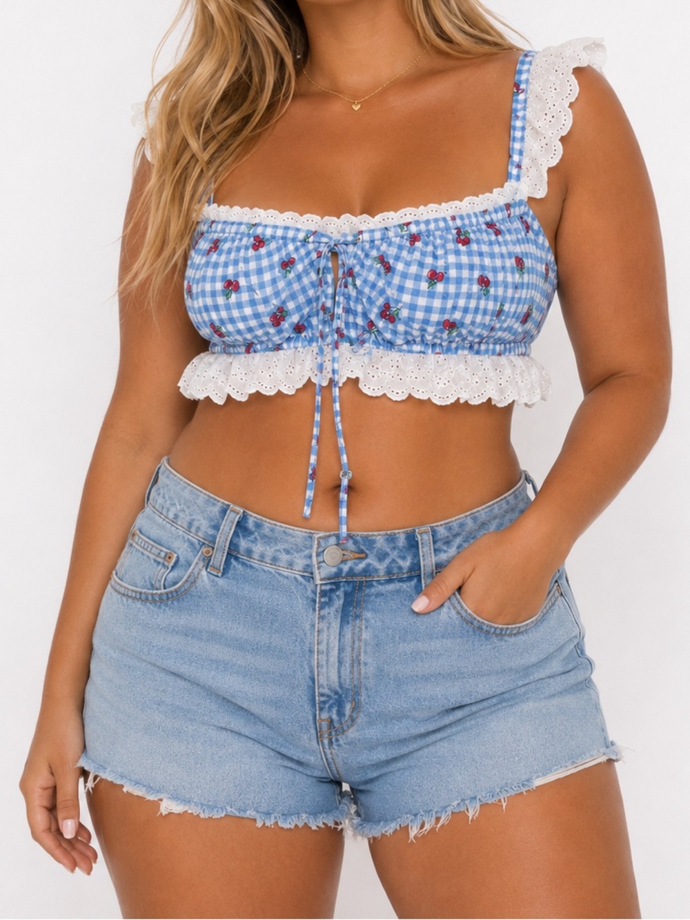Urban Outfitters Crop Top Gingham Cherry Print Off Shoulder XL NWT Frills Ties